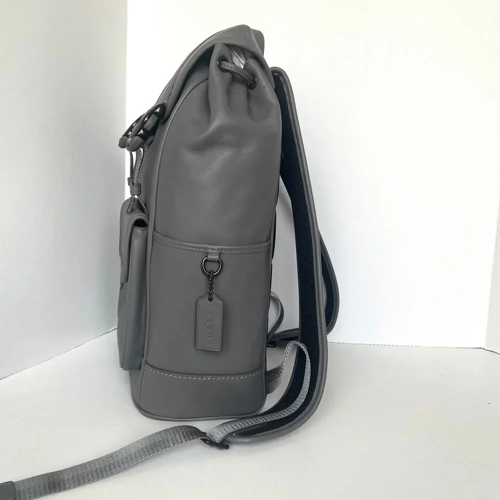Coach League Flap Backpack Charcoal Gray Leather Laptop Bag CU072